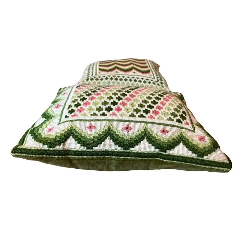 Vintage Crewel Green Pink Pair Of Pillows Matching 11x11” Velvet Backed Firm